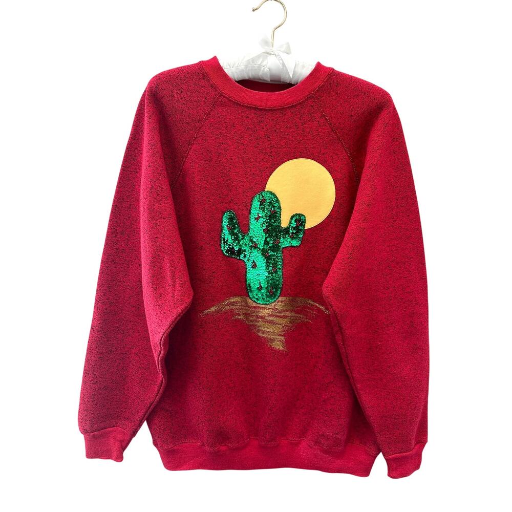 Impression Makers Sequin Cactus Southwest Red Sweatshirt Large Made USA